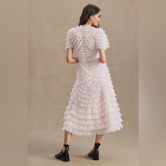 Mac Duggal High-Neck Short-Sleeve Tiered Ruffle A-Line Dress - Picture 2 of 7